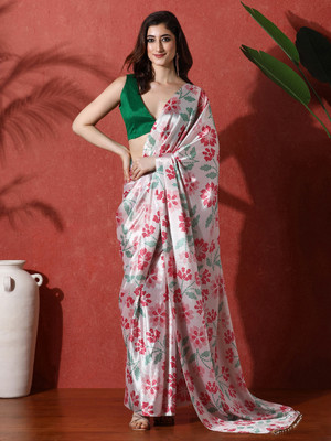 Sangria Printed Saree with Attached Blouse Satin Saree(White)