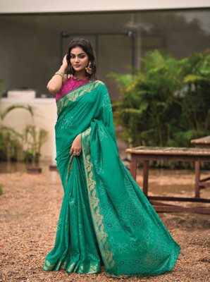 HouseOfCommon Printed Kalamkari Cotton Silk Saree(Green)