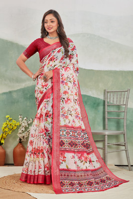 DHARMRAJ ENTERPRISE Digital Print Assam Silk Cotton Linen Saree(White)