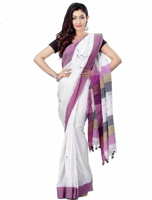 GOLU Self Design Handloom Pure Cotton Saree(White)