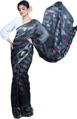 basak creation Woven Jamdani Cotton Blend Saree(Black)