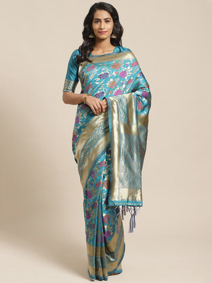Ratnavati Floral Print Banarasi Silk Blend Saree(Light Green)