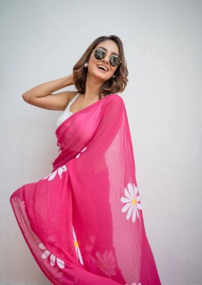 valida Floral Print Handloom Pure Cotton Saree(Pink)