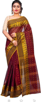 BiswasTextiles Striped Tant Pure Cotton Saree(Maroon)