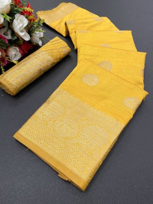 GOGAJI COLLECTION Temple Border, Woven Kanjivaram Cotton Silk, Chanderi Saree(Yellow)