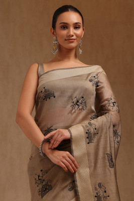 soch Printed Saree with Attached Blouse Chanderi Saree(Beige)