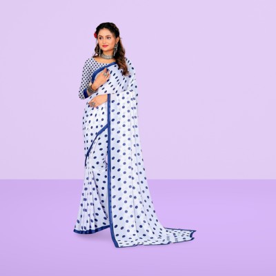 Leelavati Polka Print Bollywood Georgette Saree(White, Blue)