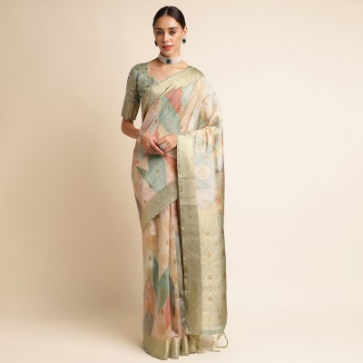 Tasrika Printed Banarasi Tussar Silk Saree(Green)