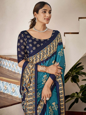 all about you Printed Bollywood Cotton Blend Saree(Blue)