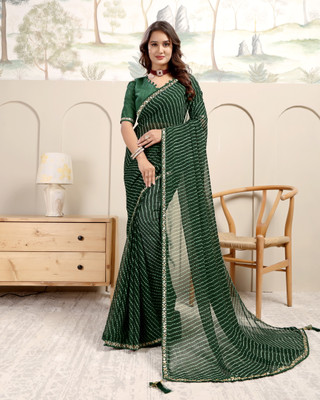 Silkra Striped, Embellished, Printed, Woven, Self Design Leheria Georgette, Silk Blend Saree(Green)