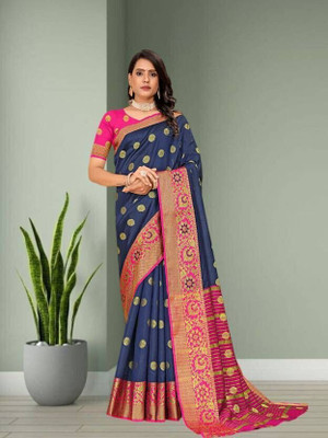 Pari Prints Woven Banarasi Cotton Silk Saree(Dark Blue)