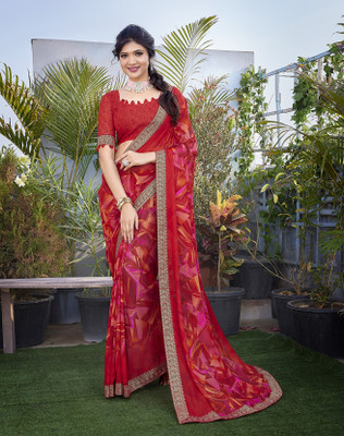YASHIKA Printed Bollywood Georgette, Lace Saree(Red)