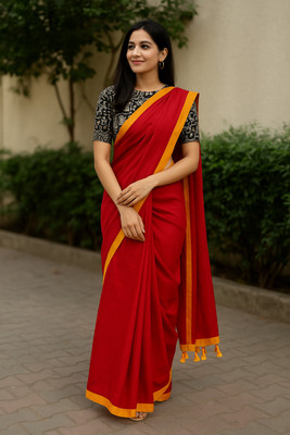 SMRITI BOUTIQUE Printed Bollywood Handloom Pure Cotton Saree(Red, Yellow, Black)