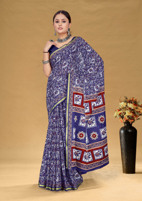 JASU CREATION Printed Handloom Pure Cotton Saree(Blue)