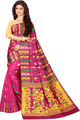 AMAN Printed Banarasi Silk Blend Saree(Pink, Yellow)