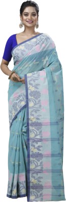 SUBHO SAREE CENTRE Woven, Embellished Tant Pure Cotton Saree(Light Blue, Dark Green)