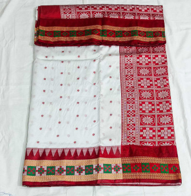 LYANNA Paisley Sambalpuri Handloom Dupion Silk Saree(White)