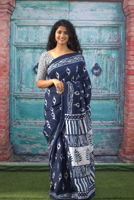 ABHIT CREATION Printed Daily Wear Pure Cotton Saree(Dark Blue)