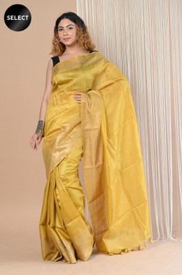 Very Much Indian Solid/Plain Handloom Tussar Silk Saree(Yellow)