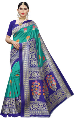 Samai Floral Print Bollywood Art Silk Saree(Dark Green)