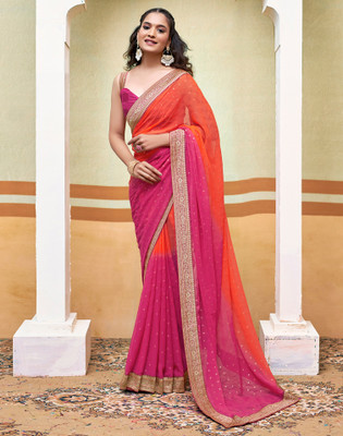 SIRIL Embellished, Polka Print, Ombre Bollywood Chiffon, Georgette Saree(Orange, Pink)