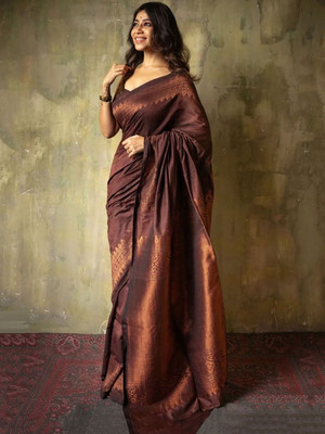 Moda Rapido Woven Daily Wear Silk Blend Saree(Brown)