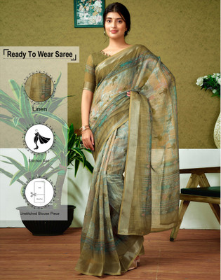Satrani Digital Print, Floral Print, Embellished Bollywood Linen Saree(Green)