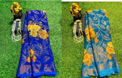 Sanjana Silk Floral Print Maheshwari Brasso Saree(Pack of 2, Blue)
