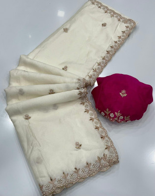 KESARII Embroidered Bollywood Silk Blend Saree(White)