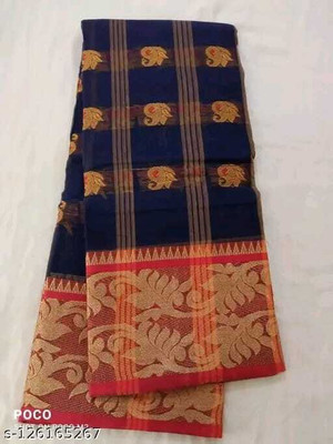 Sthaker Self Design Tant Pure Cotton Saree(Dark Blue, Red)