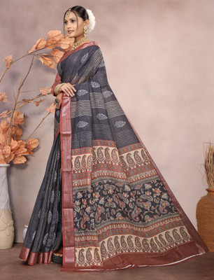 Gajal Printed, Woven Kanjivaram Pure Cotton, Cotton Linen Saree(Black, Red)