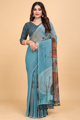 Mugdarra Floral Print Bollywood Georgette Saree(Blue)