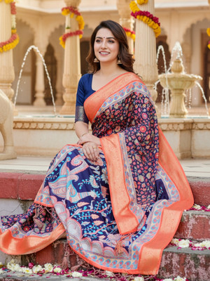 ZAMUNA Digital Print, Floral Print, Woven, Animal Print Banarasi Tussar Silk, Linen Saree(Orange, Blue)