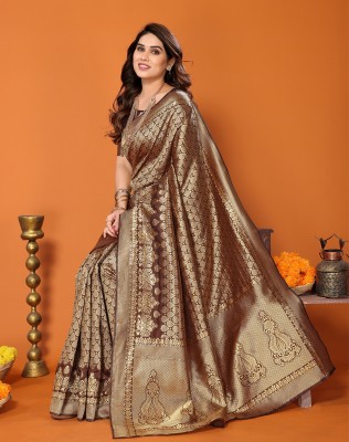 YASHIKA Printed, Self Design, Embroidered Banarasi Cotton Silk, Jacquard Saree(Brown)