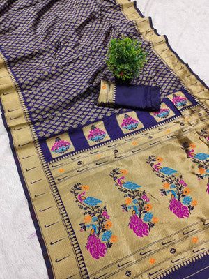 GATISHVAM TEXTILE Woven, Self Design Paithani Art Silk Saree(Blue, Gold)
