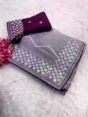 GOLDOLL FAB Embroidered Bollywood Organza Saree(Purple)