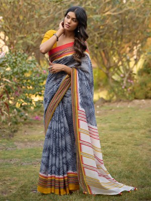 ANOUK Printed Leheria Linen Saree(Grey)