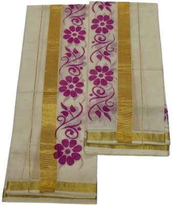 VKC SAREES Printed Kasavu Cotton Blend Saree(Beige)