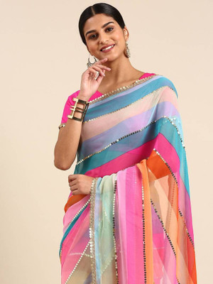 Atreus Striped, Digital Print, Embroidered Bollywood Georgette Saree(Multicolor)