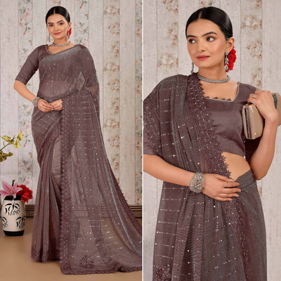 Vraggi Embellished Bollywood Lycra Blend Saree(Brown)