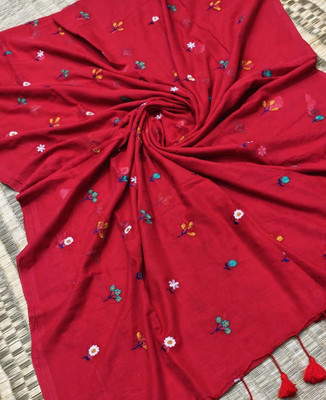 Anidipta collection Self Design Handloom Cotton Blend Saree(Red)