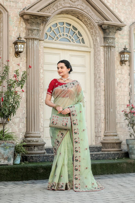 HR creation Embroidered Bollywood Net Saree(Green)