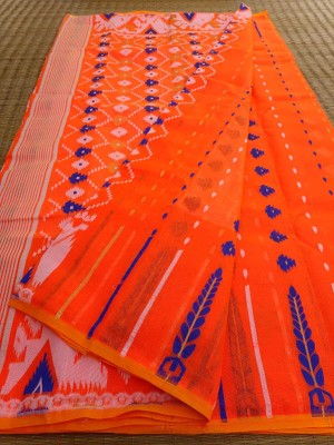 Dristikone Woven Jamdani Pure Cotton Saree(Orange)