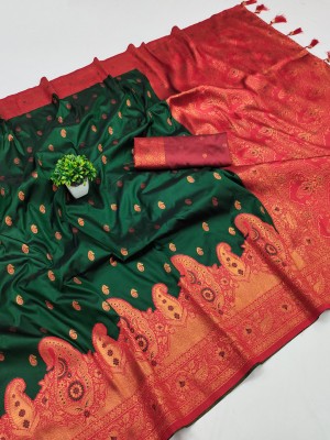 DRAVYA WOMEN Woven Banarasi Art Silk, Pure Silk Saree(Dark Green)