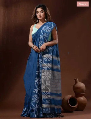 nebadita Printed Handloom Cotton Linen Saree(Light Blue)