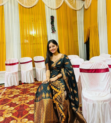 VRAJ CREATION Woven Mekhela Chador Pure Silk Saree(Dark Green)