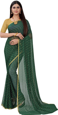 Desi Style Embellished Bollywood Net, Chiffon Saree(Dark Green)