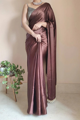 NJ FASHION Solid/Plain Bollywood Satin Saree(Brown)