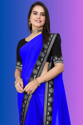 Om Sai Creation Solid/Plain Daily Wear Georgette Saree(Dark Blue, Black)