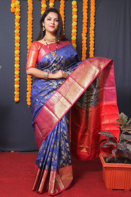 SARJAN AGRI EXPORT Floral Print Banarasi Jacquard Saree(Cream)